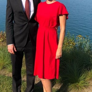 Red flutter sleeve linen midi dress